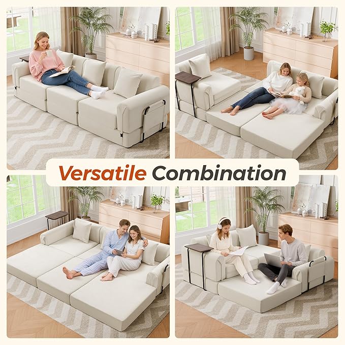100" Oversized Convertible Sleeper Sofa Bed, Modular Sectional Cloud Sofa with Fixed-Shape Frame & Tabletop, Boneless Couch with Storage Pocket for Living Room, No Assembly Required, Beige