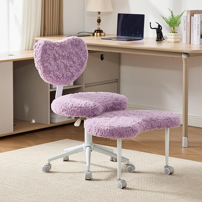 Tomofcessn Cross Legged Chair with Footrest, Plus Size Criss Cross ADHD Office Chair, Memory Foam Cushion, Armless Swivel Desk Chair with Wheels, Active Sitting for Home Office,Artificial Rabbit Fur