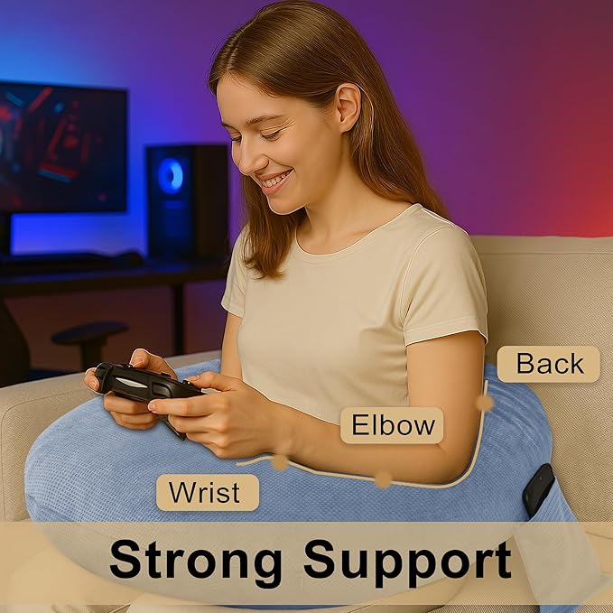 DWCN Reading Pillow for Gaming, Gaming Pillow for Lap Support with Side Pocket & Back Strap for Bed, Sofa, Floor - Arm Rest Pillow for Playing, Working, Sitting, Crocheting (Blue)