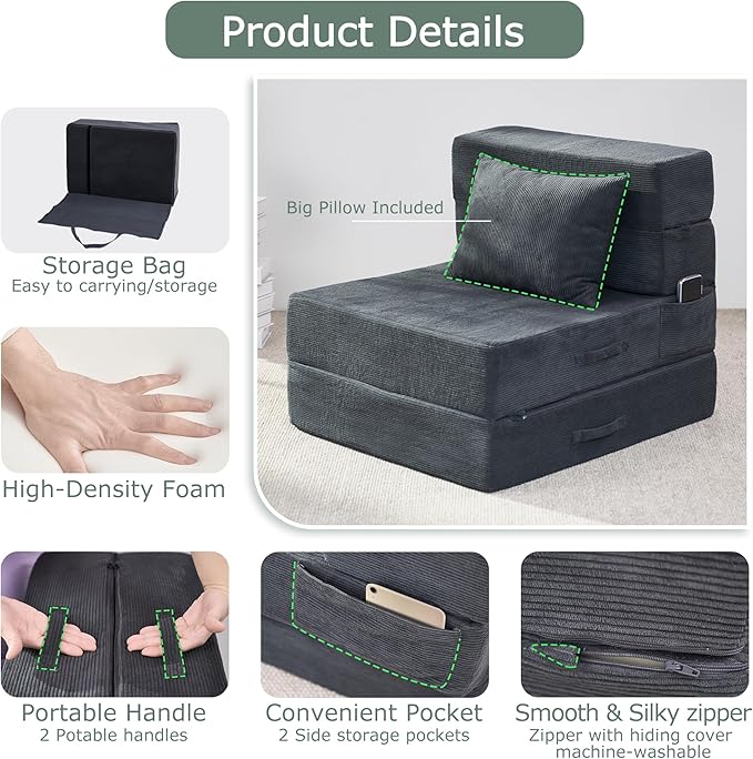 HILERO Folding Sofa Bed, 4 in 1 Convertible Sleeper Chair with Pillow, Single Memory Foam Fold Out Chair Bed, Modern Floor Futon Sofa Couch Mattress for Living Room/Guest/Apartment, Dark Grey