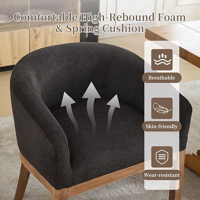 Shenyon Mid Century Modern Dining Chairs with Arms, Upholstered Linen Fabric Dining Room Chairs with Solid Wood Legs, Comfy Barrel Accent Chairs for Dining Room, Living Room, or Cafe,Black