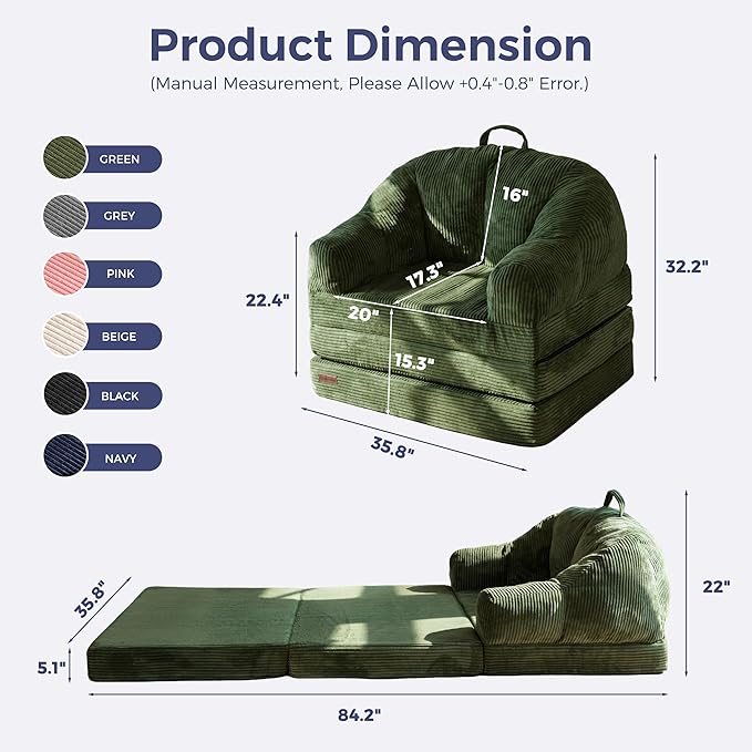 MAXYOYO Folding Sofa Bed with Backrest, Boneless Fold Out Couch Bed with Handle, 2 in 1 Convertible Bean Bag Chair to Floor Sofa Lounger, Comfy Folding Couch for Bedroom & Living Room, Dark Green