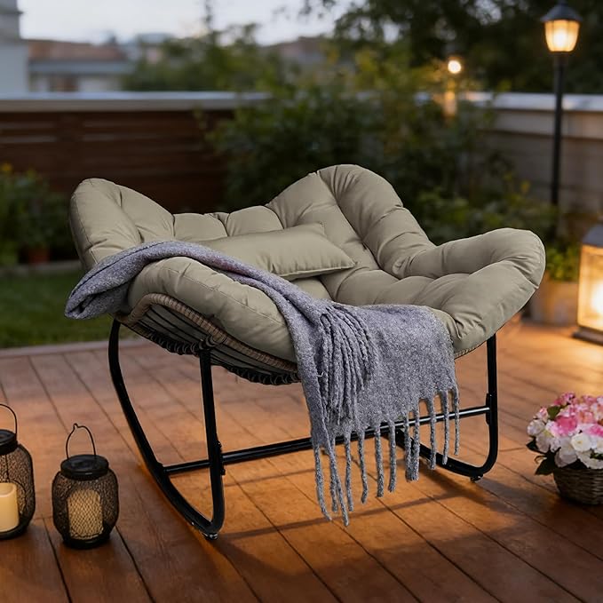 Sgentle Papasan Rocking Chair for Outdoor & Indoor, Oversized Patio Rocking Chair with Cushions & Steel Frame, Wicker Egg Lounge Chair, Comfy Reading Chair for Patio, Deck, Porch (Khaki, Style 2)