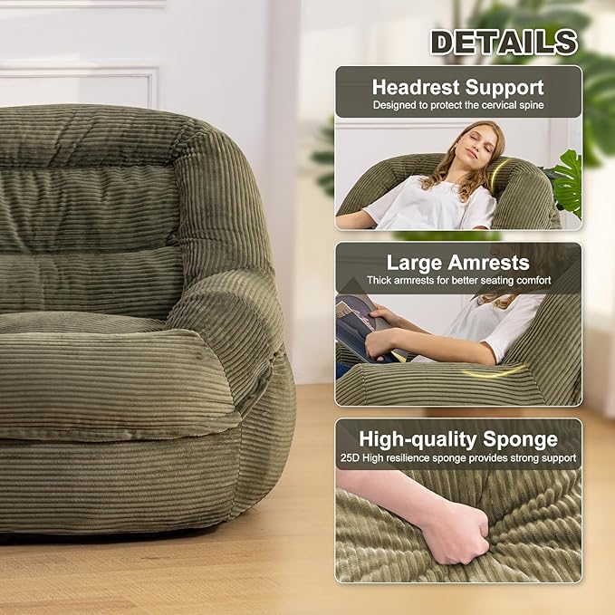 Giant Bean Bag Chair with Armrests - Oversized Cozy Seating for Adults, Corduroy Fabric & High-Resilience Foam Filling, Ideal Lounge for Living Room, Bedroom & Gaming Room (Olive Green)
