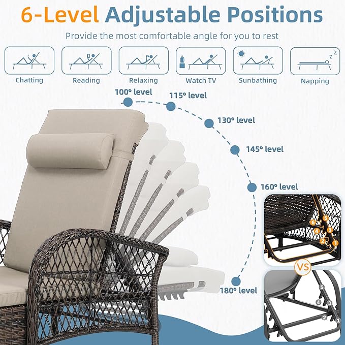WINGTU Outdoor Chaise Lounge Chair with Side Table, All Weather PE Rattan Patio Lounge Chair with Cushion, 6-Positions Adjustable Pool Sunbathing Recliner for Poolside, Armrest & Pillow, Beige