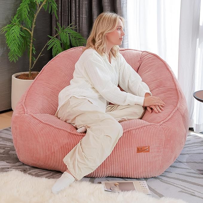 Giant Bean Bag Chair for Adults, Teens and Kids, Cozy Fluffy Corduroy Beanbag Chair with Filler, Large Floor Lounge Sofa for Living Room, Bedroom, Dorm, Gaming and Reading(L-Pink)