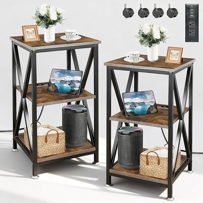 End Tables Living Room Set of 2, Square End Table with Charging Station, 16" D X 16" W X 28" H, Wood and Metal Table with USB Ports and Outlets, Side Table with Wheels for Living Room, Bedroom