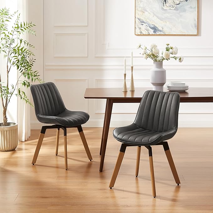 Art Leon Swivel Dining Chairs Set of 2, Mid Century Modern Kitchen Dining Room Chairs, Upholstered Faux Leather Armless Side Chair with Wood Legs for Living Room Bedroom, Dark Gray