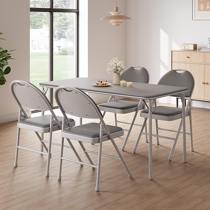 GAOMON 4 Pack Folding Card Chairs, Thickened Padded PU Cushion, Metal Legs and Non-Slip Feet Pads, Portable Stackable Commercial Seat for Events, Office, Wedding, Party, Gray