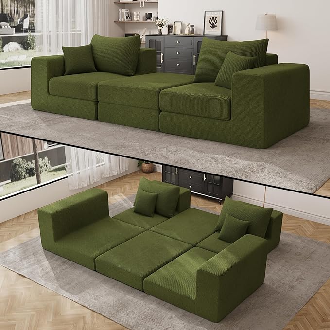 DAMAIFROM 80" Convertible Sleeper Sofa Bed with Soft Pillow, Corduroy Folding Mattress Couch with L-Shape Chaise, Modular Floor Sofa Lounge Couch for Living Room Bedroom Lounge (Olive Green)