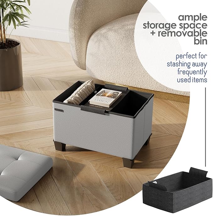 Storage Ottoman Cube with Small Bin, 16-in Square Ottoman with Storage for Living Room and Bedroom, Small Ottomans Foot Rest, Faux Leather Foot Stools Ottomans Max 330lbs, Light Grey