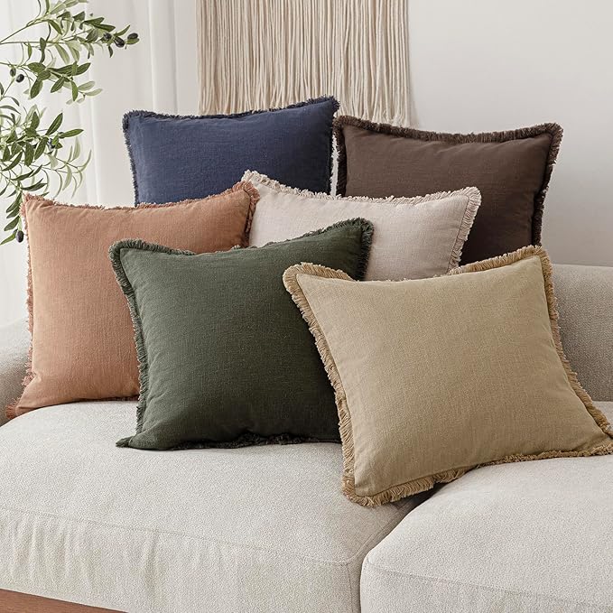 Foindtower Set of 2 Decorative Linen Fringe Throw Pillow Covers Cozy Boho Farmhouse Cushion Cover with Tassels Soft Accent Pillowcase for Couch Sofa Bed Living Room Home Decor,26×26 Inch,Reddish Brown