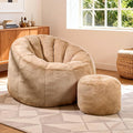 Pumpkin Shaped Bean Bag Chair with Ottoman, Gaint Bean Bag Chair for Adults, Faux Rabbit Fur Comfy BeanBag Floor Sofa Chair for Reading, Playing, Relaxing, Khaki