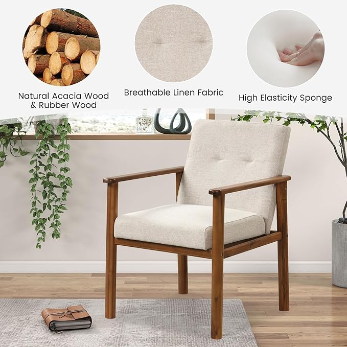 GOFLAME Accent Chair, Mid-Century Modern Armchair with Solid Wood Legs, Soft Cushioned Seat, Upholstered Linen Fabric Leisure Chair for Living Room, Bedroom, Guest Room, Office, Beige