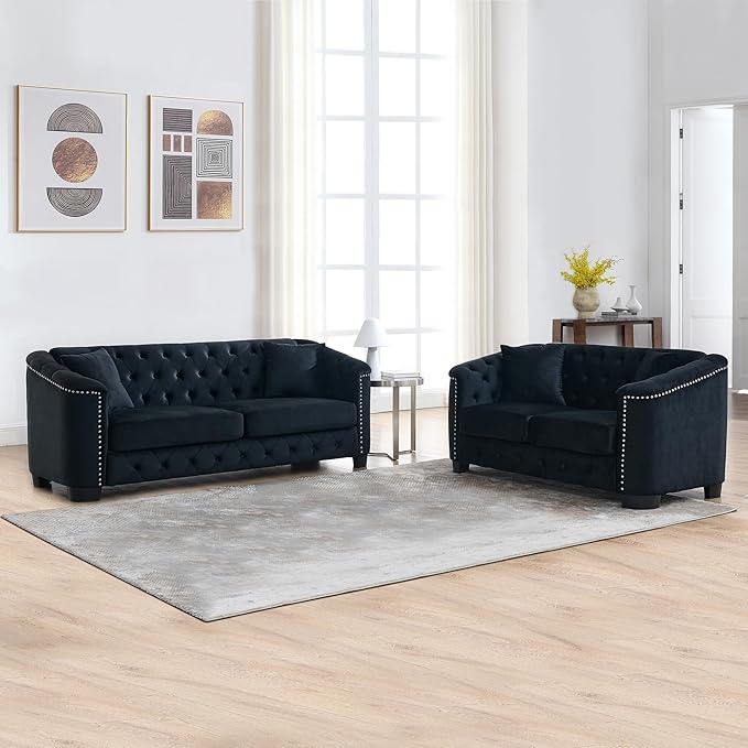 mikibama Luxury 2 Piece Chesterfield Velvet Sofa Set for Living Room, Modern Decor Furniture Sectional Sofa, 3 Seater & Loveseat Upholstered Tufted Couch for Apartment, Office, Hall(Black)