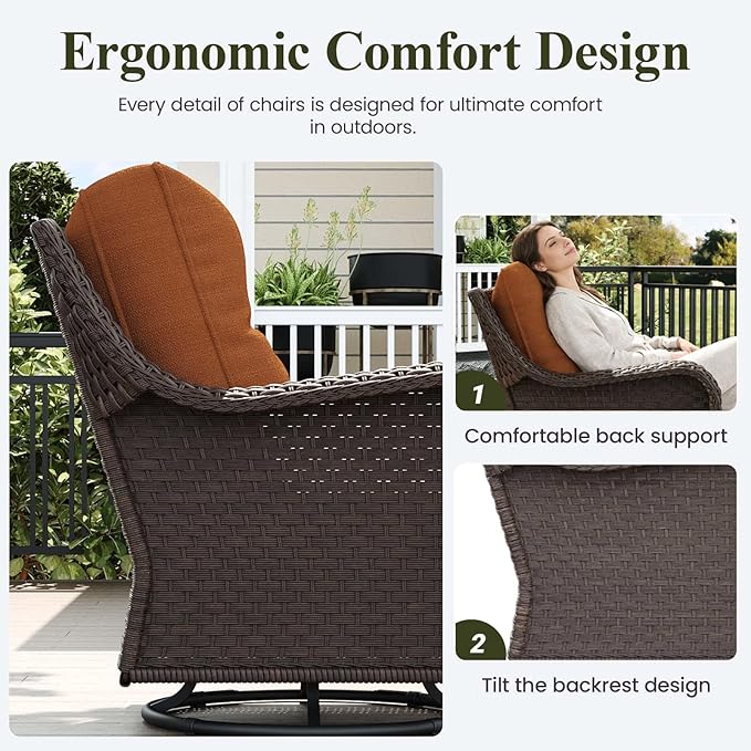 LayinSun 7 Piece Wicker Outdoor Furniture Set with 6-inch Comfy Cushions, High Back Patio Furniture Set with Swivel Rocking Chairs and Fire Pit Table