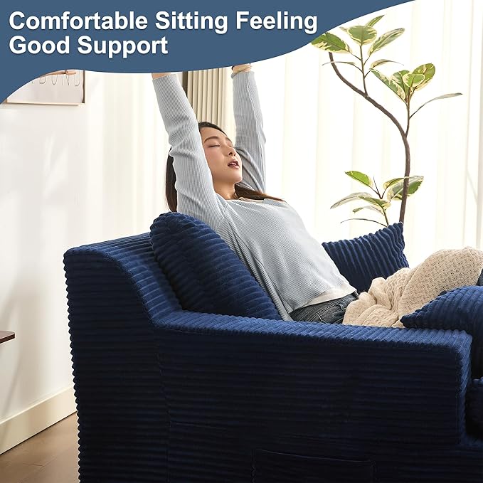 63" Oversized Boneless Chaise Lounge Chair, Extra Cloud Layer, Convertible Sleeper Sofa Couch with Removable Pillows & Side Pockets, Corduroy Upholstered Sofa Bed with Armrests for Living Room, Blue