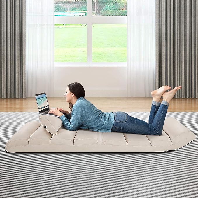 Moccha Floor Chairs for Adults, Adjustable 5-Position Floor Lounger w/Thick Padded & Pillow, No Assembly Folding Lazy Sofa Chair for Gaming, Sleeping, Light Weight Chaise Lounge Indoor, Beige