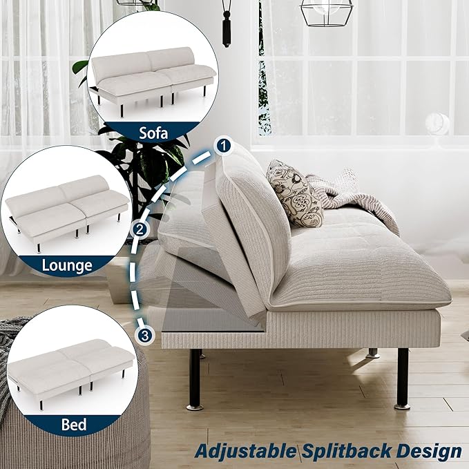 3 Sets 70" Futon Sofa Bed, 4 in 1 Multi-Function Couch Sleeper with Adjustable Backrest, Modern Convertible Futon, Recliner Small Loveseat for Living Room, Beige