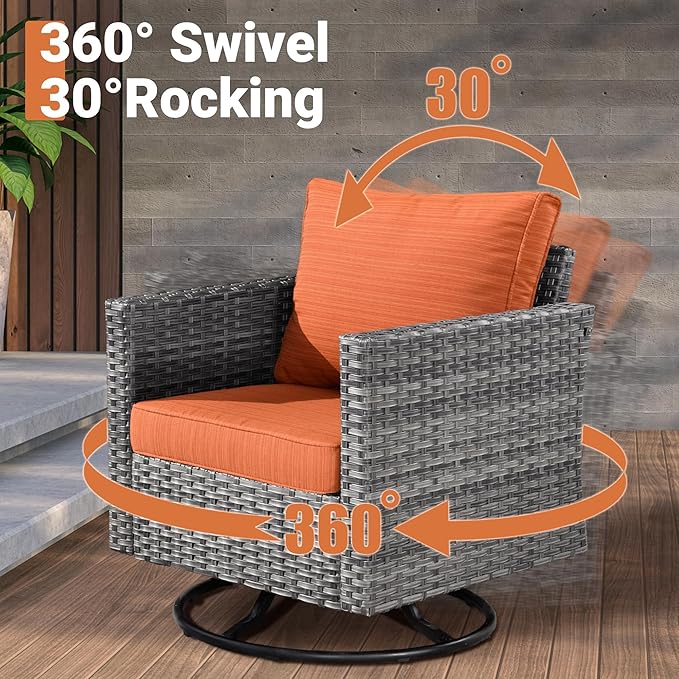 ovios 11 Piece Outdoor Patio Furniture Set with Fire Pit Table,Conversation Sectional Wicker Couch with Swivel Chairs,Modern Outside Sofa for Balcony Backyard, Orange