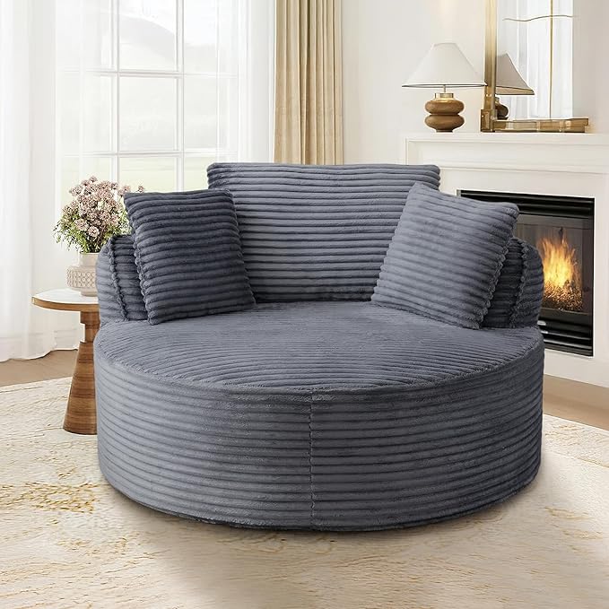 53"W Oversized Round Chaise Longue Chair Indoor,Corduroy Fluffy Comfy Cloud Chair,Circle Bean Bag Sofa with Foam Filling & Pillows,Boneless Reading Cozy Sofa Chairs for Living Room,Bedroom,Grey