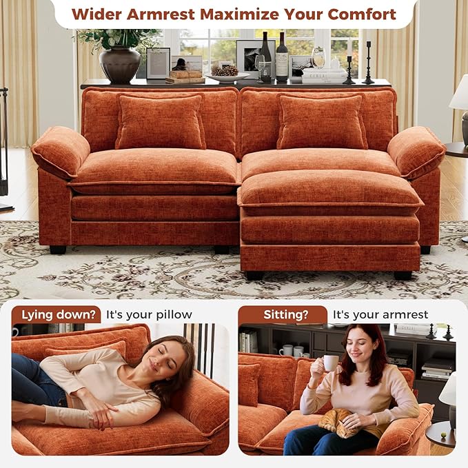 CDCASA 86" Modular Sectional Sofa, Comfy L-Shaped Cloud Couch with Movable Ottoman, 3-Seater Chenille Deep Seat Modern Sofa Couch for Living Room, Terracotta Orange