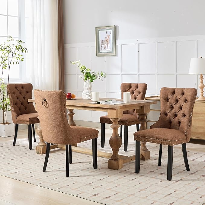 YeahFurn Espresso Brown Mid Century Modern Dining Chairs Set of 4, Linen Upholstered Kitchen & Dining Room Chairs with Nailhead Trim & Solid Wood Legs, Elegant Sillas De Comedor (Coffee, 4 Pcs)