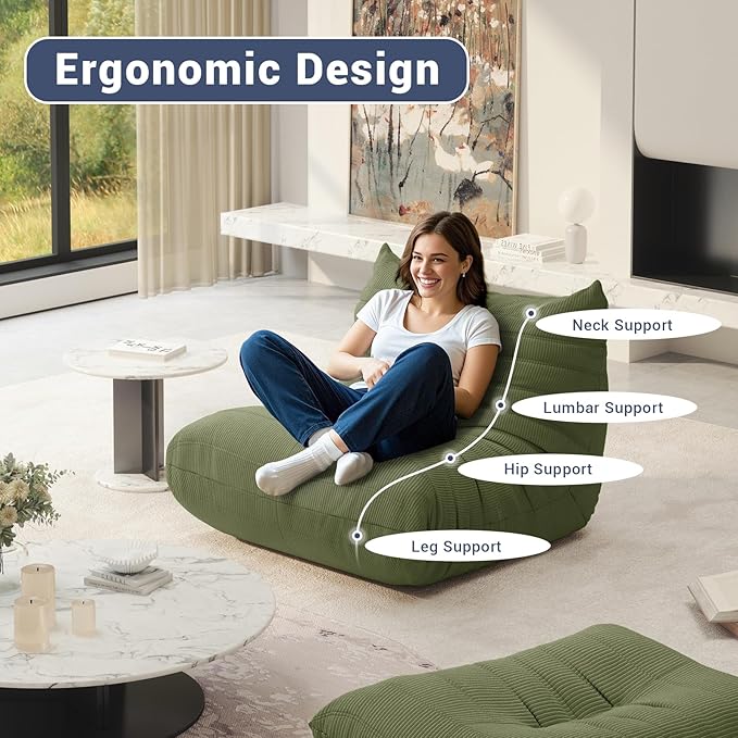 Bean Bag Chair for Adults, Fireside Chair Lazy Floor Sofa, Modern Corduroy Fabric Caterpillar Sofa Couch, Armless Foam Lounger Tatami Recliner Bean Bag Couch for Living Room Bedroom Dorm Office