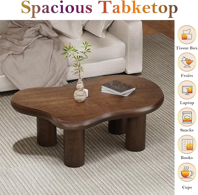 Brown Cloud Coffee Table Modern Irregular Low Center Tables Unique Asymmetrical Minimalist Tea Table with 4 Leg for Living Room Study (Brown 46.06in)
