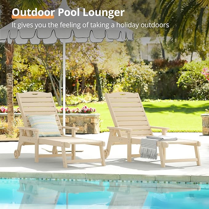 LUE BONA Outdoor Chaise Lounge, HDPS Chaise Lounger, 5 Positions Adjustable Lounge Chairs, Pool Lounge Chair with Wheels for Poolside, Backyard, Sand