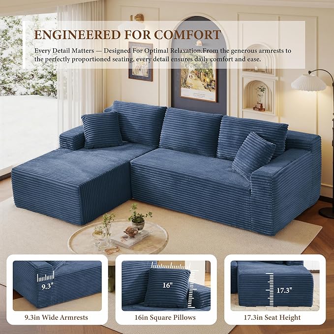105" Sectional Couches for Living Room Cloud Couch Sofa with L-Shape Upholstered Boneless Couchs Modern Modular Sectional Couch with Chaise (Bule, 105" W+Left Facing Chaise+2Seaters)