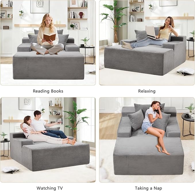 67.3'' Oversized Chaise Lounge Chair Indoor,Corduroy Boneless Couch with 3 Pillows Wide Armrest,Comfy Cloud Couch Sleeper Sofa Reading Chairs for Living Room Bedroom,No Assembly Required (Grey)