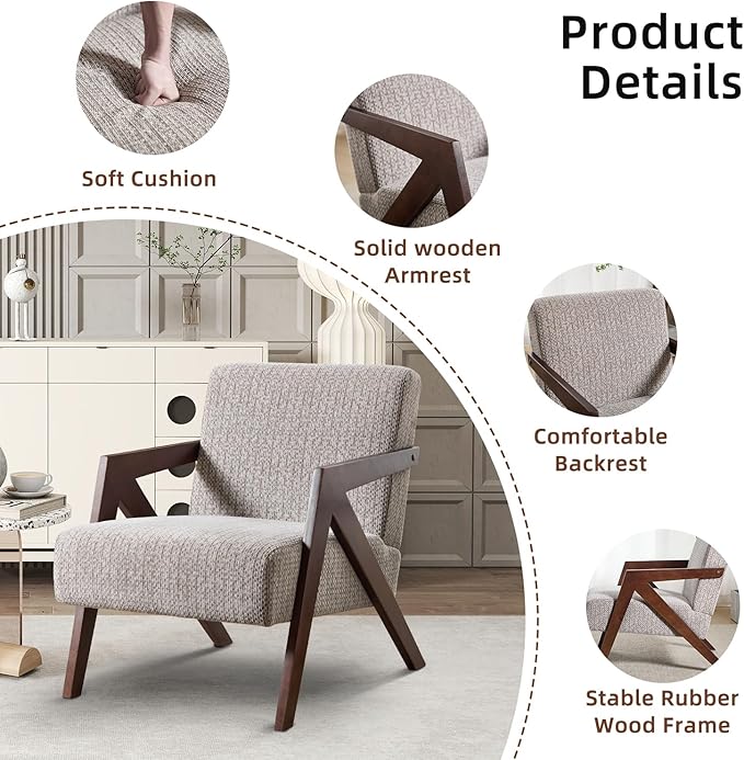 INZOY Mid Century Modern Accent Chair with Wood Frame, Upholstered Reading Armchair with Soft Linen Fabric, Accent Chair for Living Room Bedroom Apartment, Easy Assembly, Light Brown