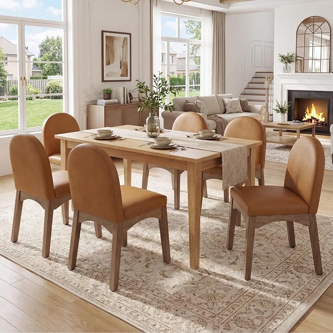 HNY Mid Century Modern Dining Chairs Set of 6, Faux Leather Upholstered Dining Room Chairs Armless Kitchen Chairs with Solid Rubberwood Legs, Accent Side Chairs for Living Room, Brown