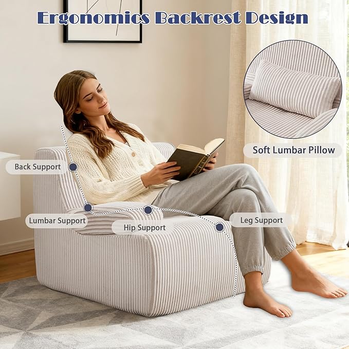 38" Bean Bag Single Chair for Living Room Bedroom, Corduroy Boneless Chair with Armrest and Pillow, Memory Foam Beanbag Couch, Lazy Floor Sofa for Reading Gaming Living Room Bedroom (2, Beige)