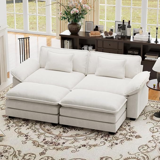CDCASA 86" Modular Sectional Sofa, Comfy Cloud Couch with 2 Movable Ottoman, 4-Seater Velvet Deep Seat Sofa Bed Modern Sofa Couch for Living Room, DIY Combination, Beige