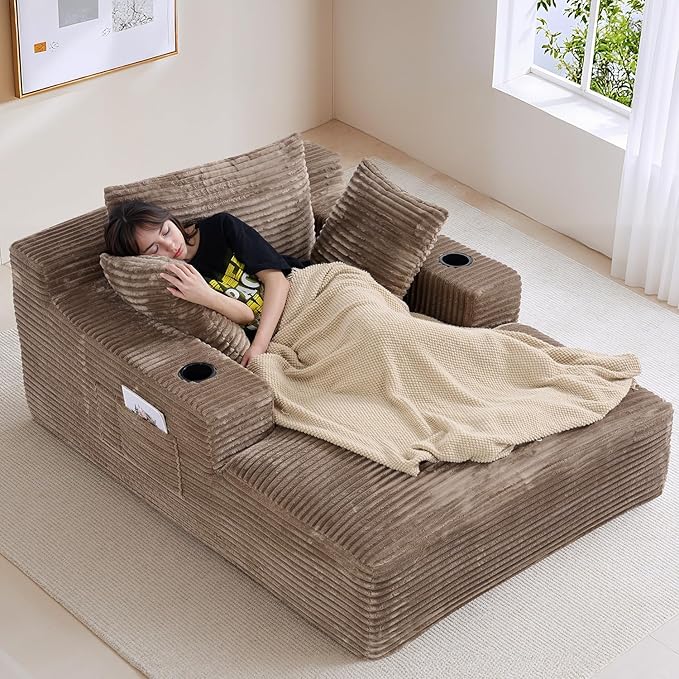 50"W x 68"D Oversized Chaise Lounge Chair Indoor Boneless Reading Chair Plush Corduroy Recliner with Cup Holders Large Deep Seat Comfy Sofa Bed Couch with 3 Pillows for Living Room Bedroom, Camel