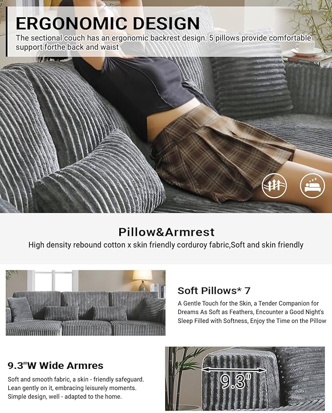 110” Modular Sectional Sofa, Cloud Sectional Couch with Deep Seat, Upholstered Boneless Couches for Living Room, Modern Modular L-Shape Sofa Couch with Chaise (Grey, 110" Right Facing Chaise)
