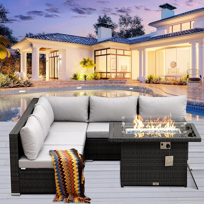 RADIATA 6 Piece Wicker Patio Furniture Set with Fire Pit, All-Weather Outdoor Sectional Couch High Back Large Size, Modular Backyard Seating Sofa Set with Propane/Natural Gas Firepit Table, Light Grey