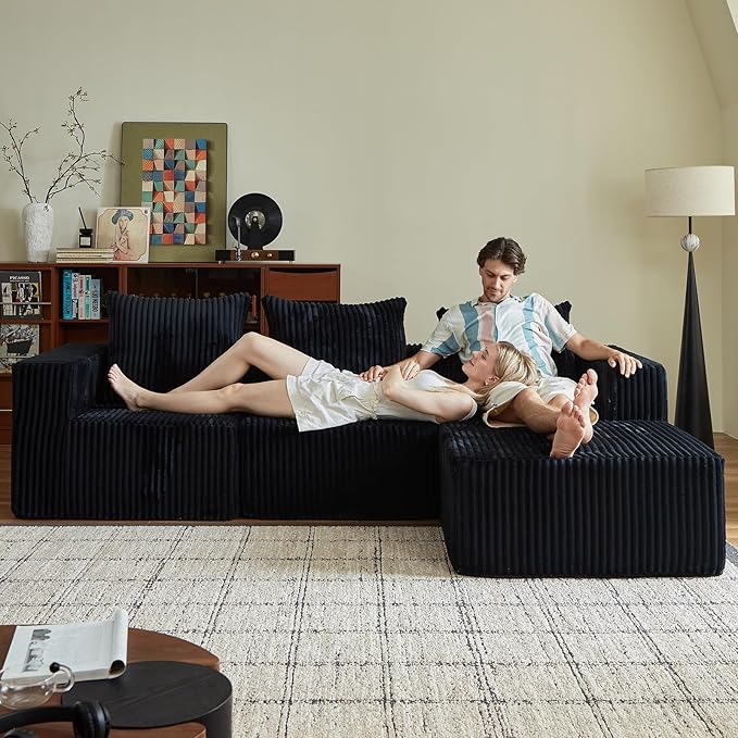 ERORVX 102" Black Couch for Living Room,Boneless Couch No Assembly Required,Comfy Couches with Oversized Chaise,Compressed Sofa for Any Room,Modern Sofa-Corduroy