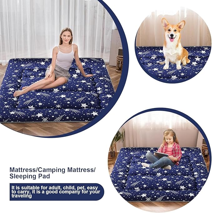 Japanese Floor Mattress,Thicken Japanese Floor Sleeping Pad Foldable,Roll Up Tatami Mat Easy to Store and Portable,Futon Mattress Suitable for Camping and Guest Room (Blue, Queen (80" X 60"))