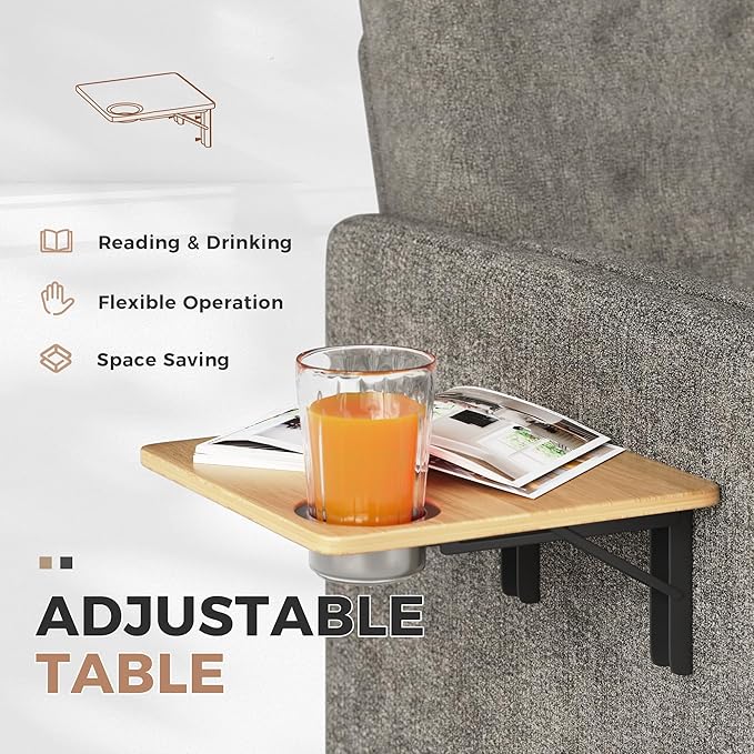 Chenille Accent Chair, Mid Century Modern Arm Chair with Foldable Wooden Side Table & Cup Holder - Comfy Reading Chair for Bedroom,Living Room Chairs,Single Sofa Chair,Dark Grey