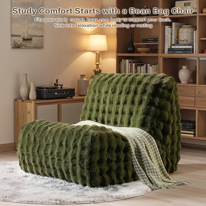 Green Bean Bag Chairs for Adults,Comfy Small Bean Bag Sofa with Back Support,Memory Foam Bean Bag Chair for Kids,Faux Fur Fireside Beanbags Lazy Sofa for Bedroom,Dorm,Apartment,Living Room