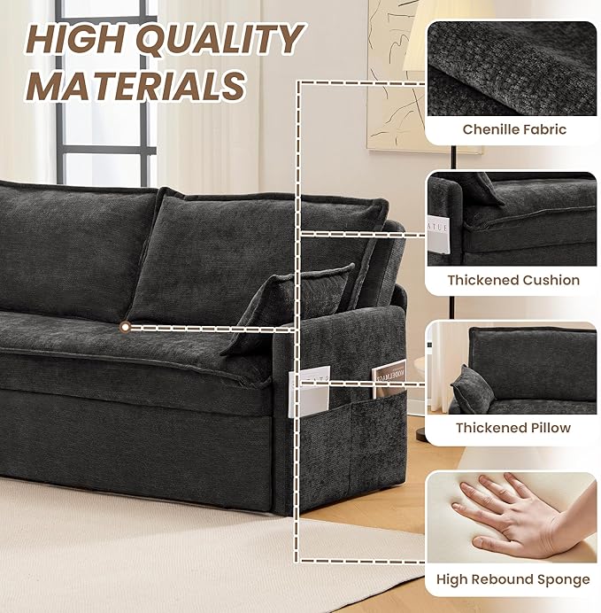 GRAINLLE Pull Out Couch,Loveseat Convertible Sleeper Sofa Bed with USB,Pull Out Sofa Bed Side Storage,2 Pillows,Corduroy Sleeper Couch for Living Room,Bedroom,Apartment,Pet-Friendly(Black, 59.5'')