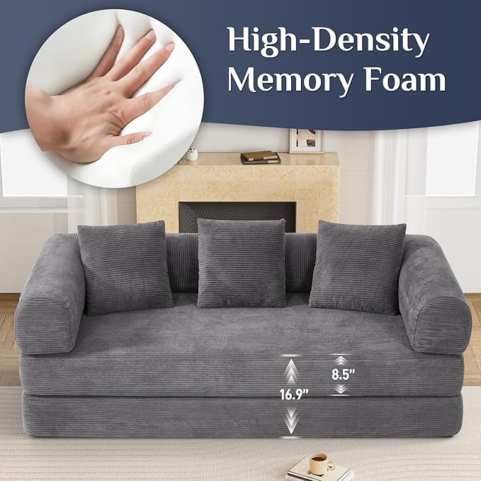 DAMAIFROM Convertible Sleeper Sofa Bed with Pillow, 4-in-1 Corduroy Folding Mattress Couch with Fixed-Shape Frame, Futon Fold Out Floor Sofa Cama Lounge Couch for Living Room Bedroom Studio, Grey