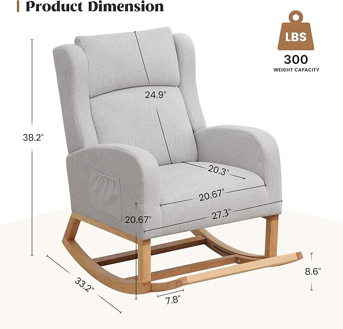 HCHAIRH Rocking Chair Nursery, Nursing Rocking Chairs for Mom Nursery, Comfy Wingback Glider Rocking Armchair with Foot Rest and Side Pocket for Nursery Living Room Bedroom, Light Grey