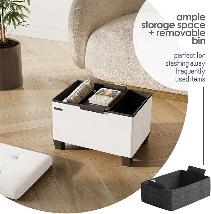 Storage Ottoman Cube with Small Bin, 16-in Square Ottoman with Storage for Living Room and Bedroom, Small Ottomans Foot Rest, Fabric Foot Stools Ottomans Max 330lbs, Cream