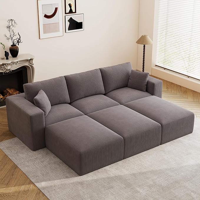110" Modular Sectional Sofa, Boneless Couch Memory Foam Cloud Couch with Chaise, Cozy Upholstered Corduroy Floor Couch, No Assembly Required Living Room Furniture for Apartment Home, Grey