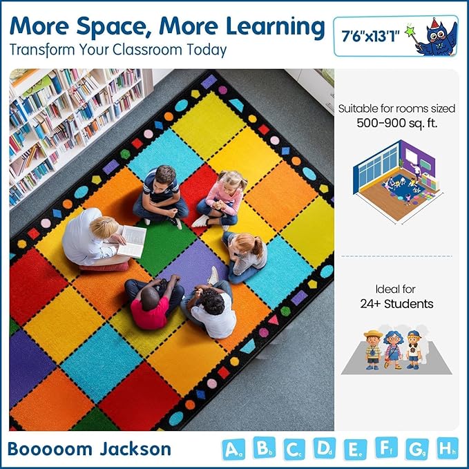 Booooom Jackson 7'6''x13' Colorful Square Seating Classroom Rug for Kids Room Seating Décor - Thick Nylon Preschool Carpet Daycare Rug for Teaching, Playroom, Non-Slip &No Triping,20X Stain Resistance