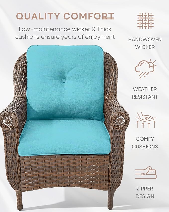 ACTREST Outdoor Patio Chairs with Fire Pit Table 5 Piece Set - High Back Brown Wicker Rattan Lawn Chair with Thick Cushion for Porch Apartment Deck Yard Poolside Garden - Turquoise